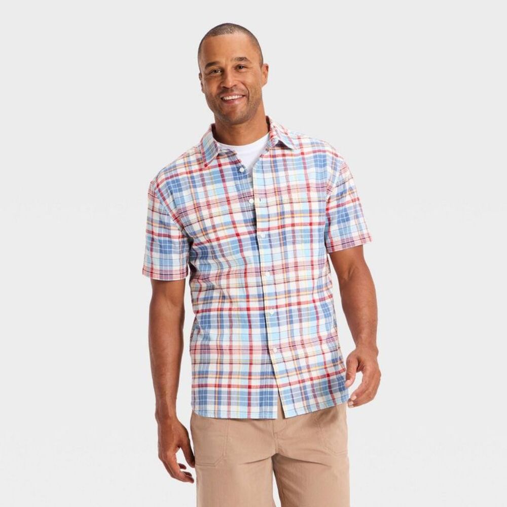 Men's Short Sleeve Plaid Button-Down Shirt - Goodfellow & Co Light Blue XXL
